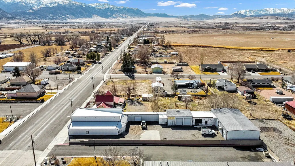 Aerial view of residential area with mountains