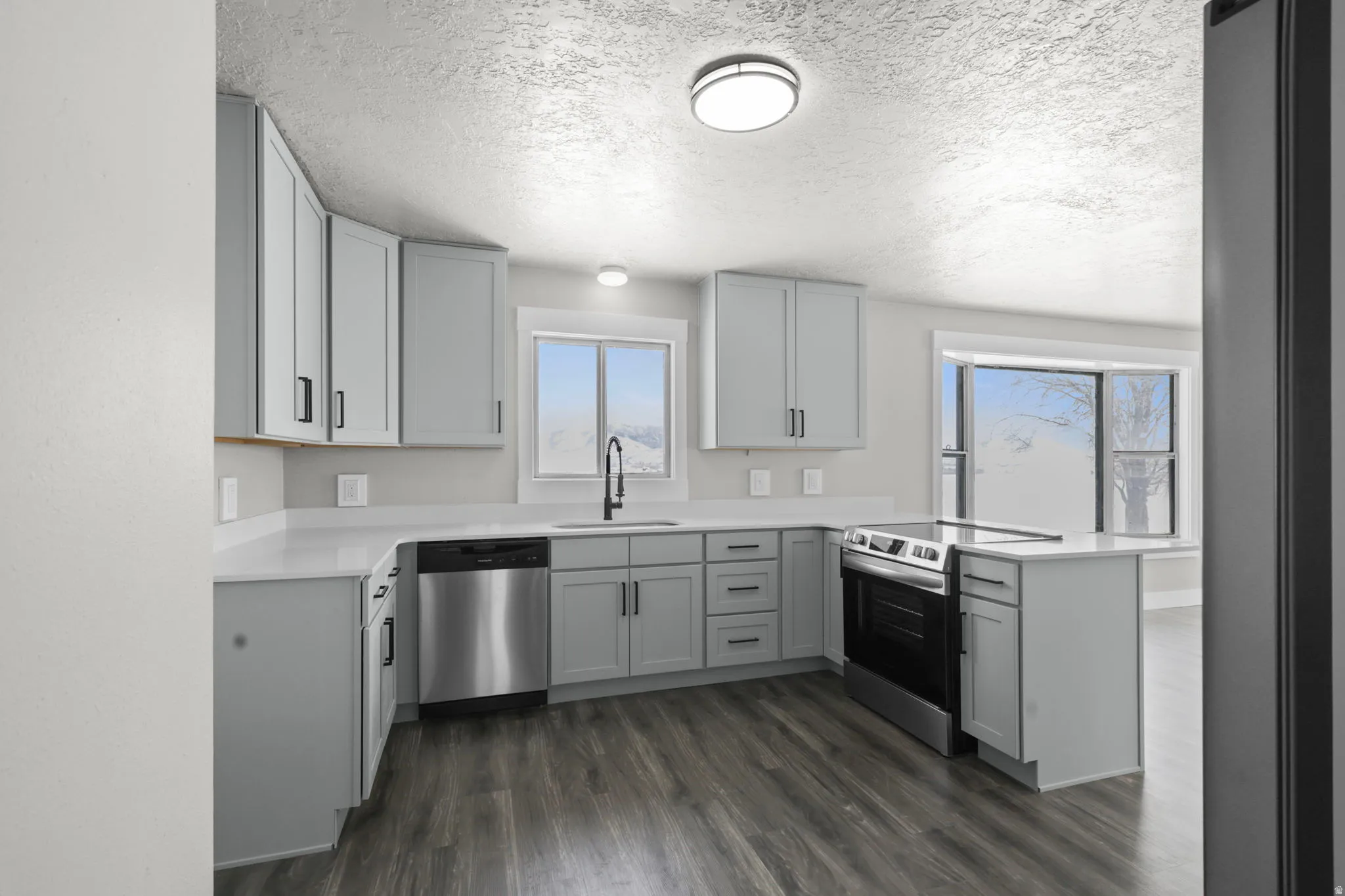 Kitchen with stainless steel appliances, a peninsula, dark wood finished floors, a textured ceiling, and gray cabinets