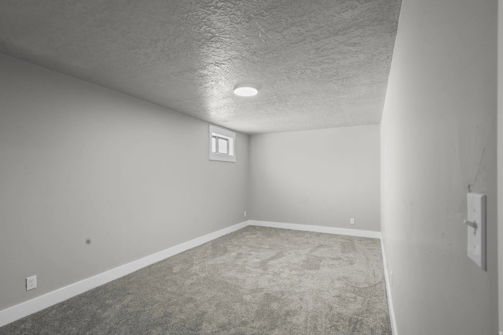 Basement with a textured ceiling and light carpet