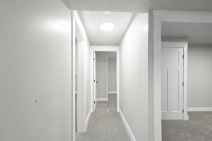 Hall featuring light carpet