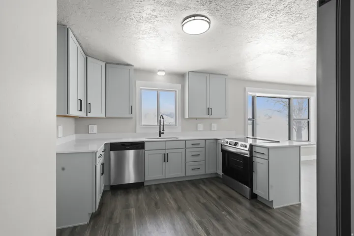 Kitchen with stainless steel appliances, a peninsula, dark wood finished floors, a textured ceiling, and gray cabinets