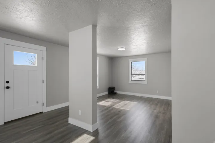Entryway with dark wood-style flooring and a textured ceiling