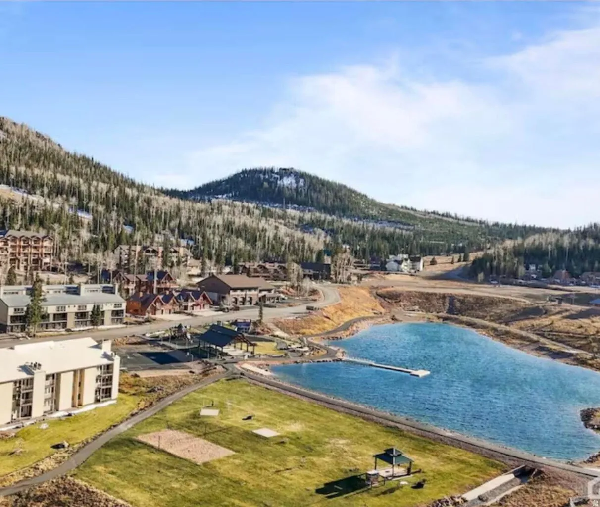 Aerial view of a water and mountain view