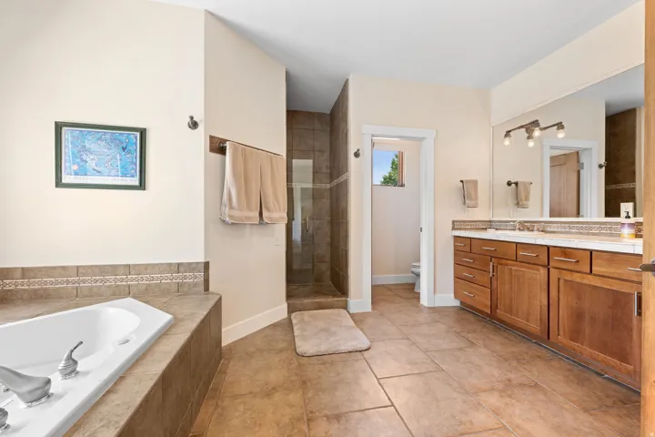 Bathroom with vanity, a tile shower, a garden tub, and light tile patterned floors