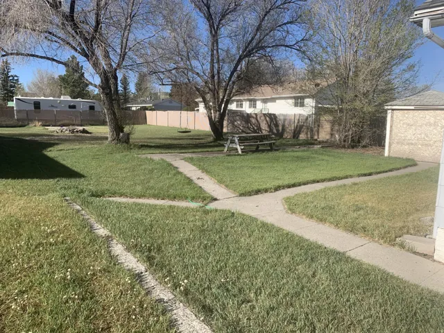 Expansive lawn with mature trees, defined by concrete pathways and a wood fence
