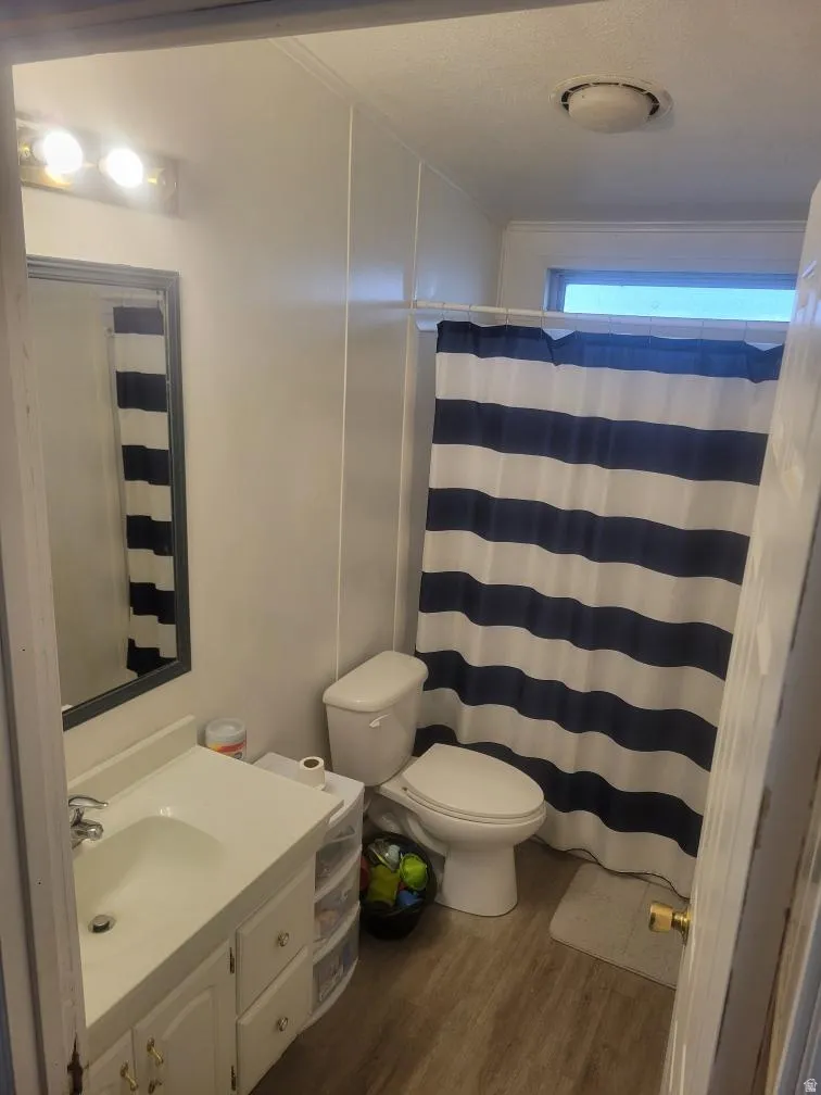 Bathroom featuring vanity, a shower with shower curtain, and dark wood finished floors