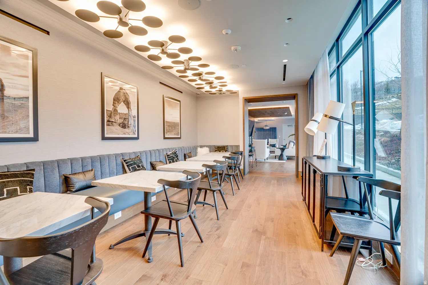 Dining space with light wood-type flooring