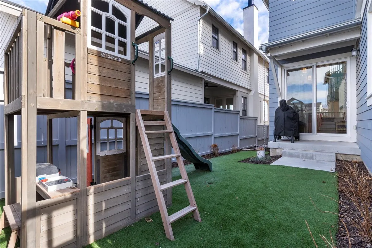 View of green lawn with stairway