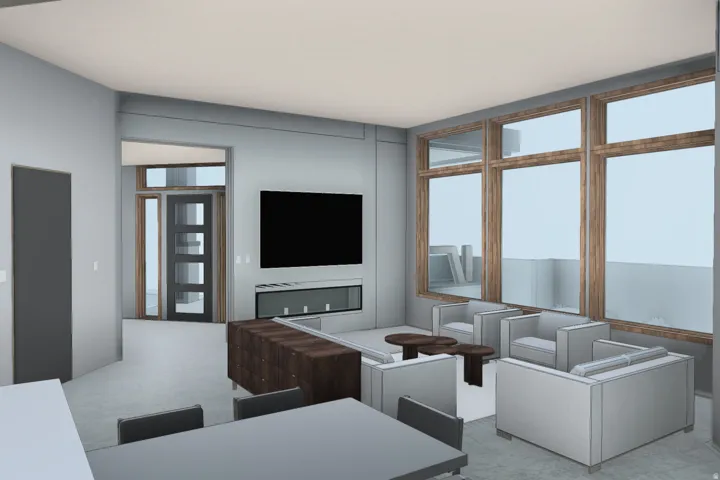Living room featuring light colored carpet