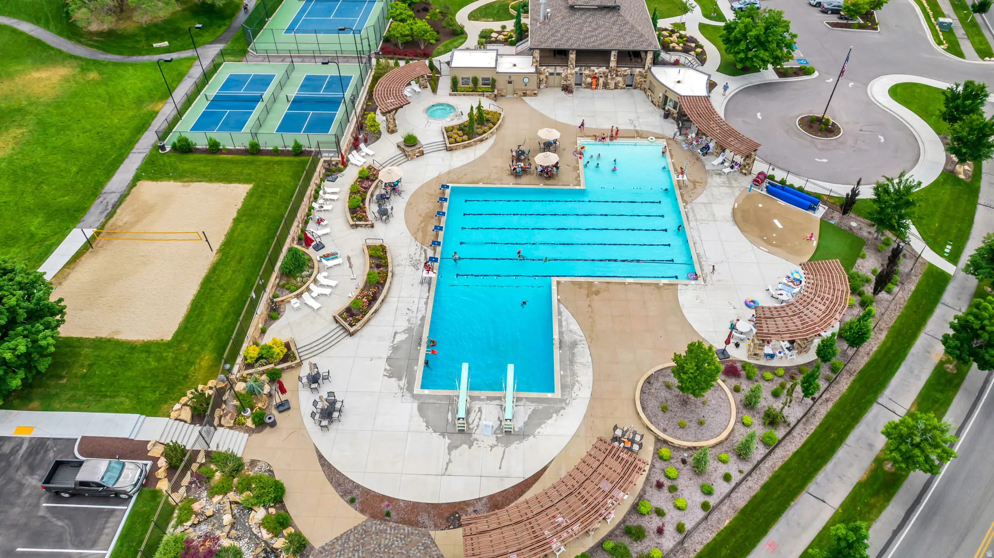 Aerial view of a pool