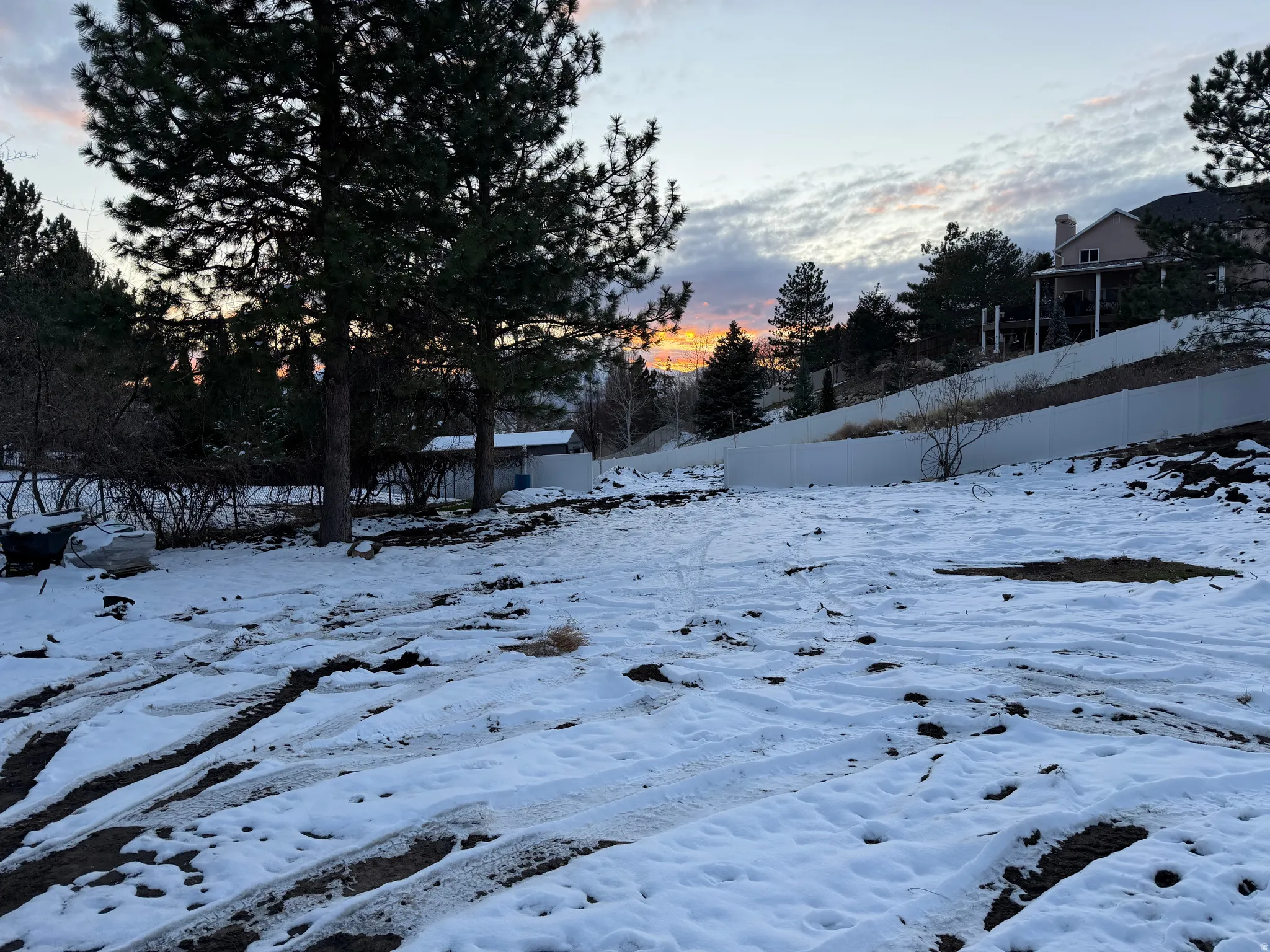 Yard layered in snow with view of wooded area