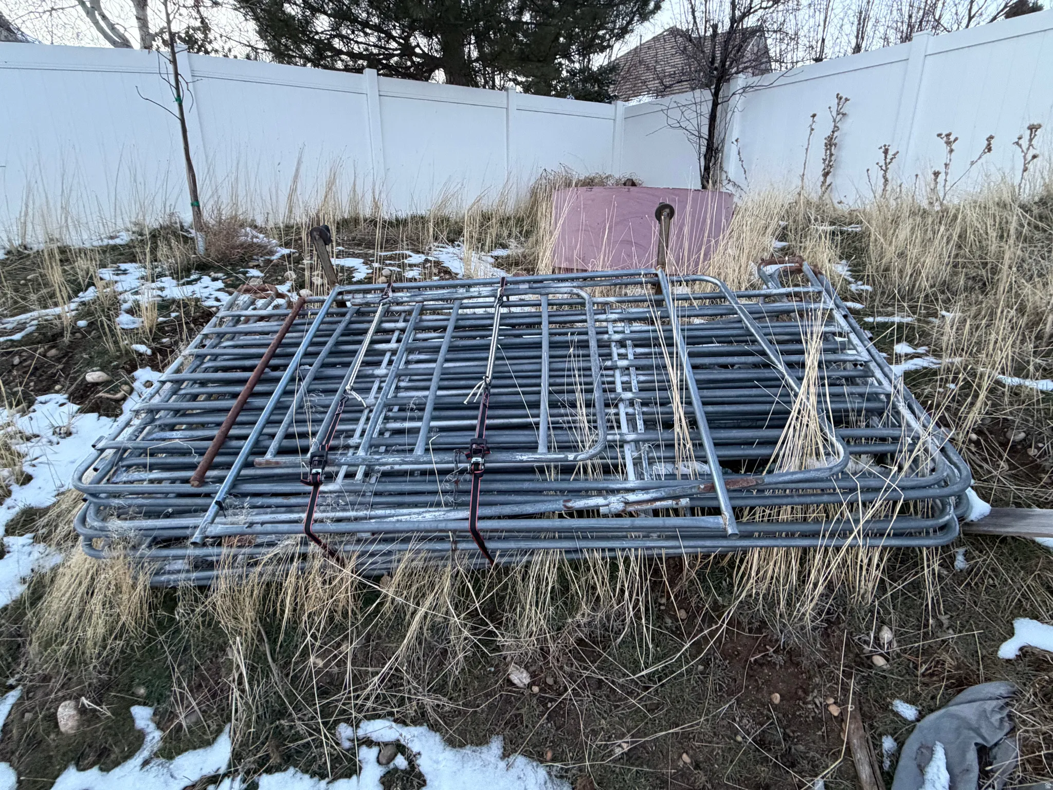 Exterior view of a fenced backyard