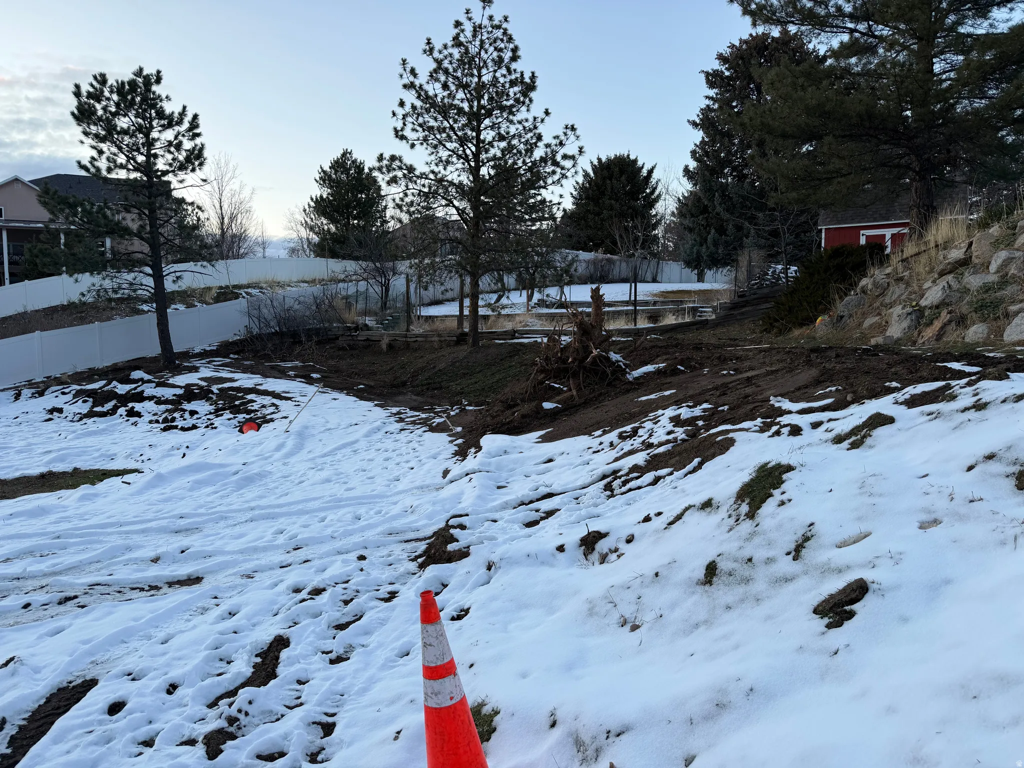 View of yard layered in snow