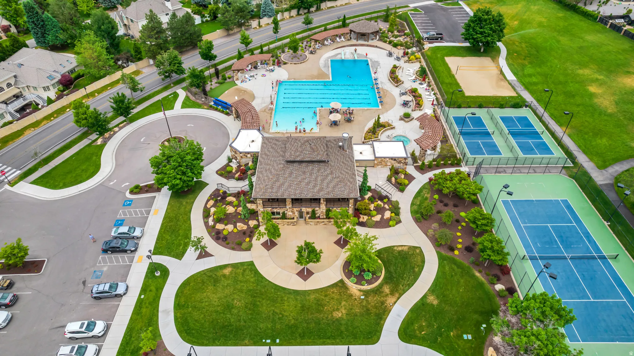 Drone / aerial view of a pool