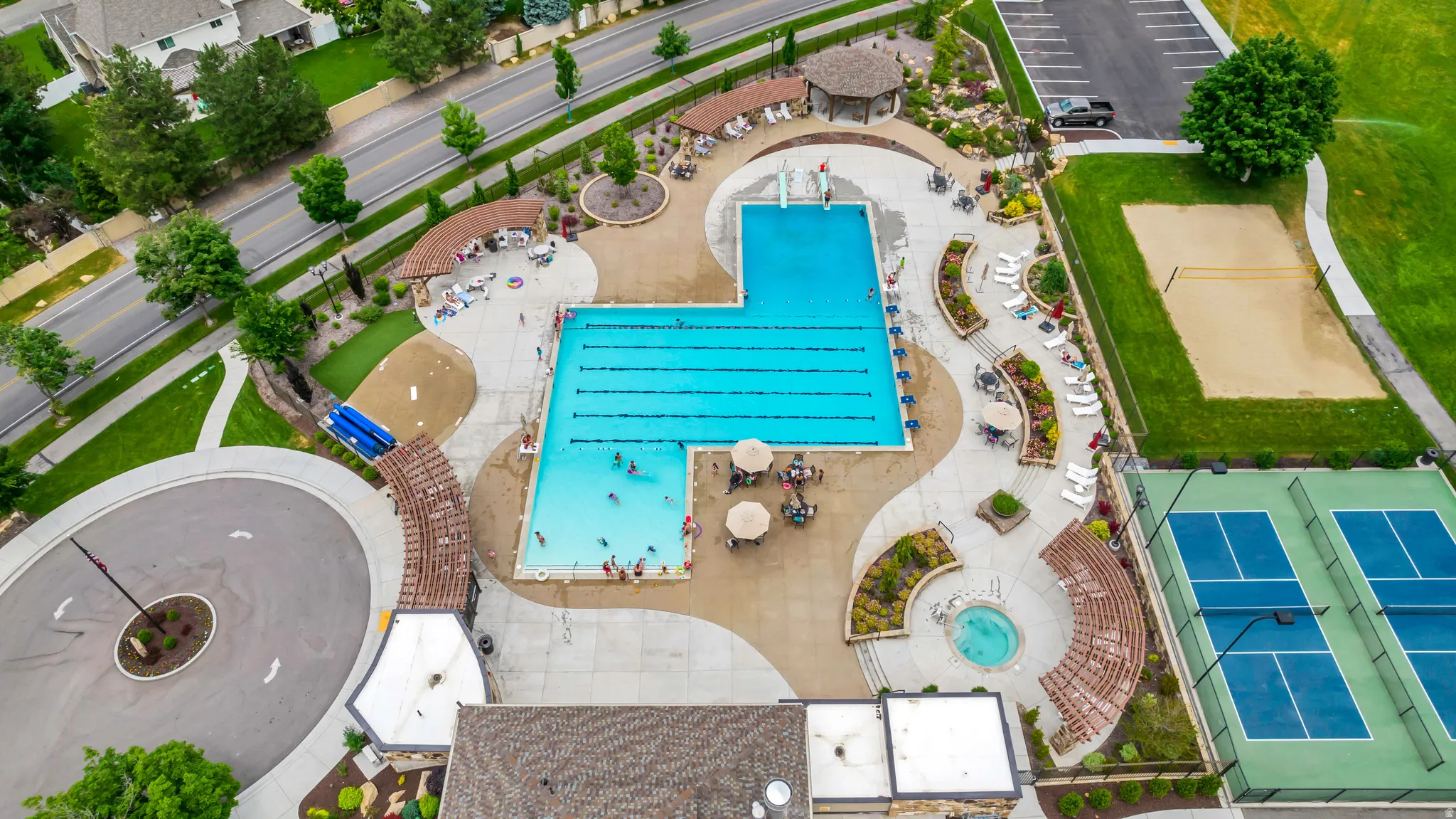Drone / aerial view of a pool area
