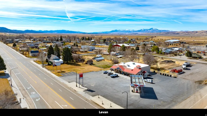 Aerial perspective of suburban area with mountains