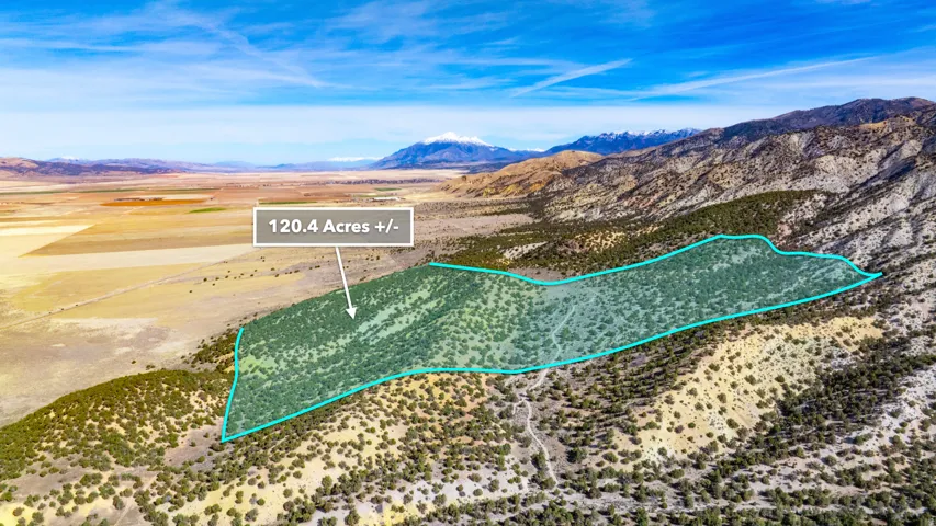 Aerial view of property and surrounding area featuring mountains and property boundaries highlighted