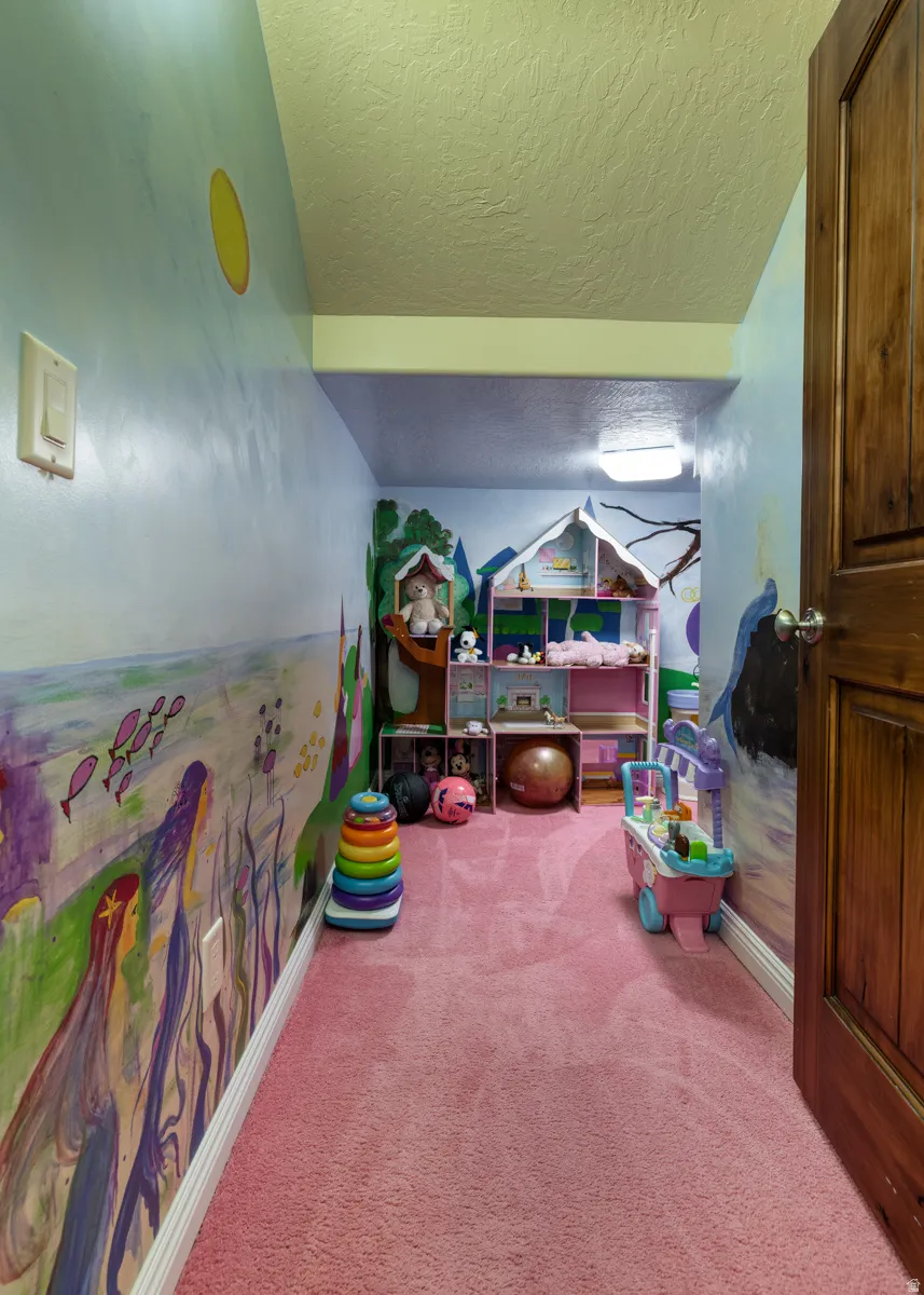 Recreation room featuring a textured ceiling and carpet floors