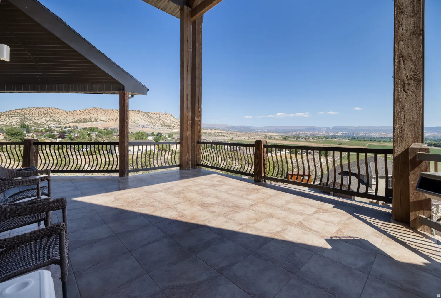View of patio featuring a mountain view