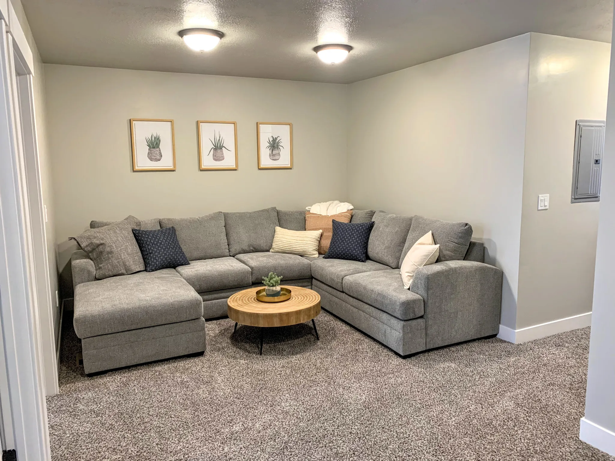 Carpeted living area with electric panel and a textured ceiling