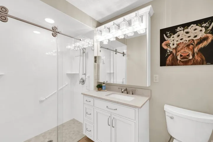 Full bath featuring a stall shower and vanity