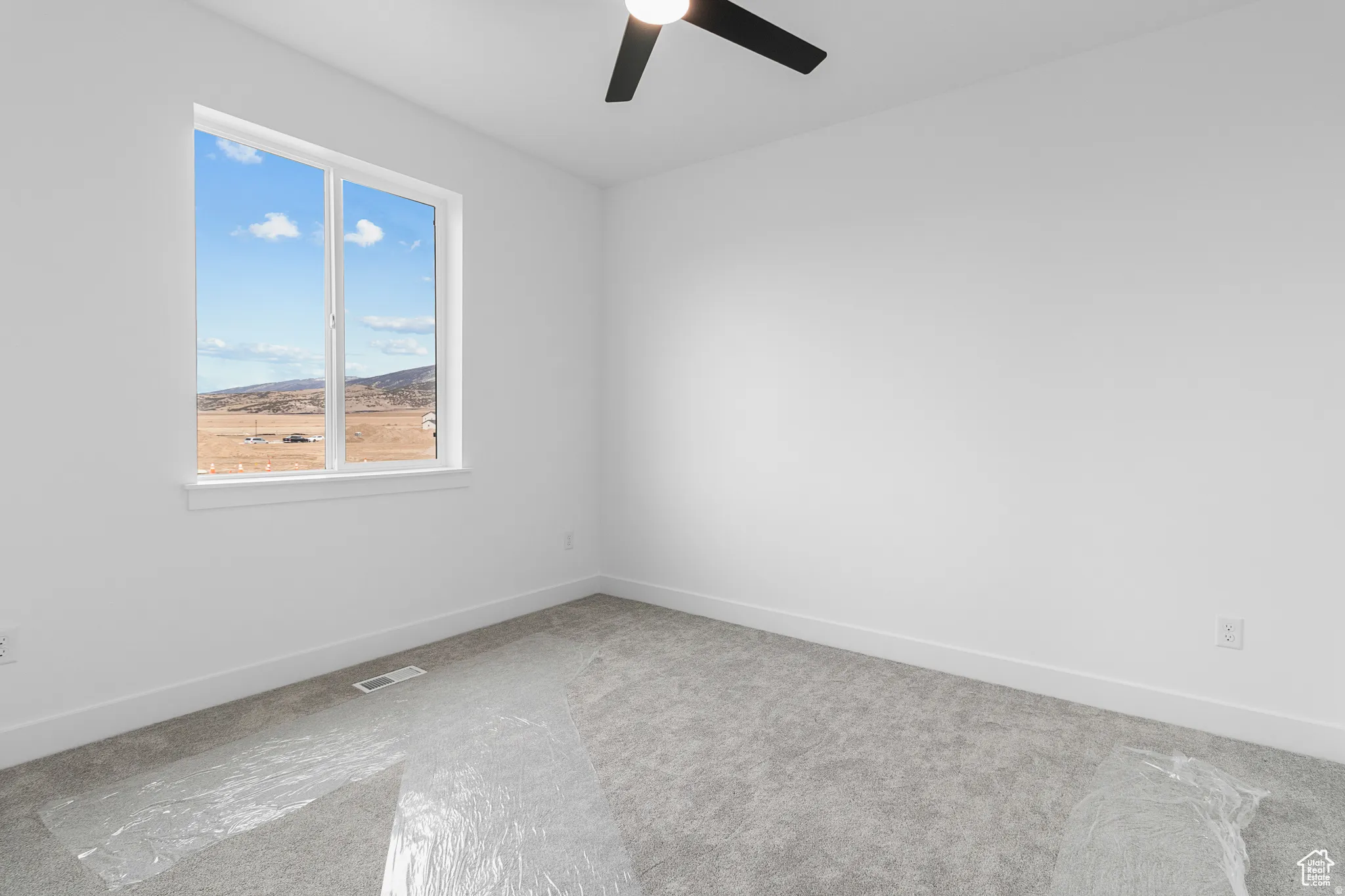 Spare room featuring carpet flooring, ceiling fan, and a mountain view