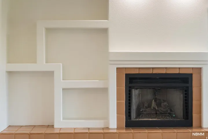 Detailed view of a tile fireplace