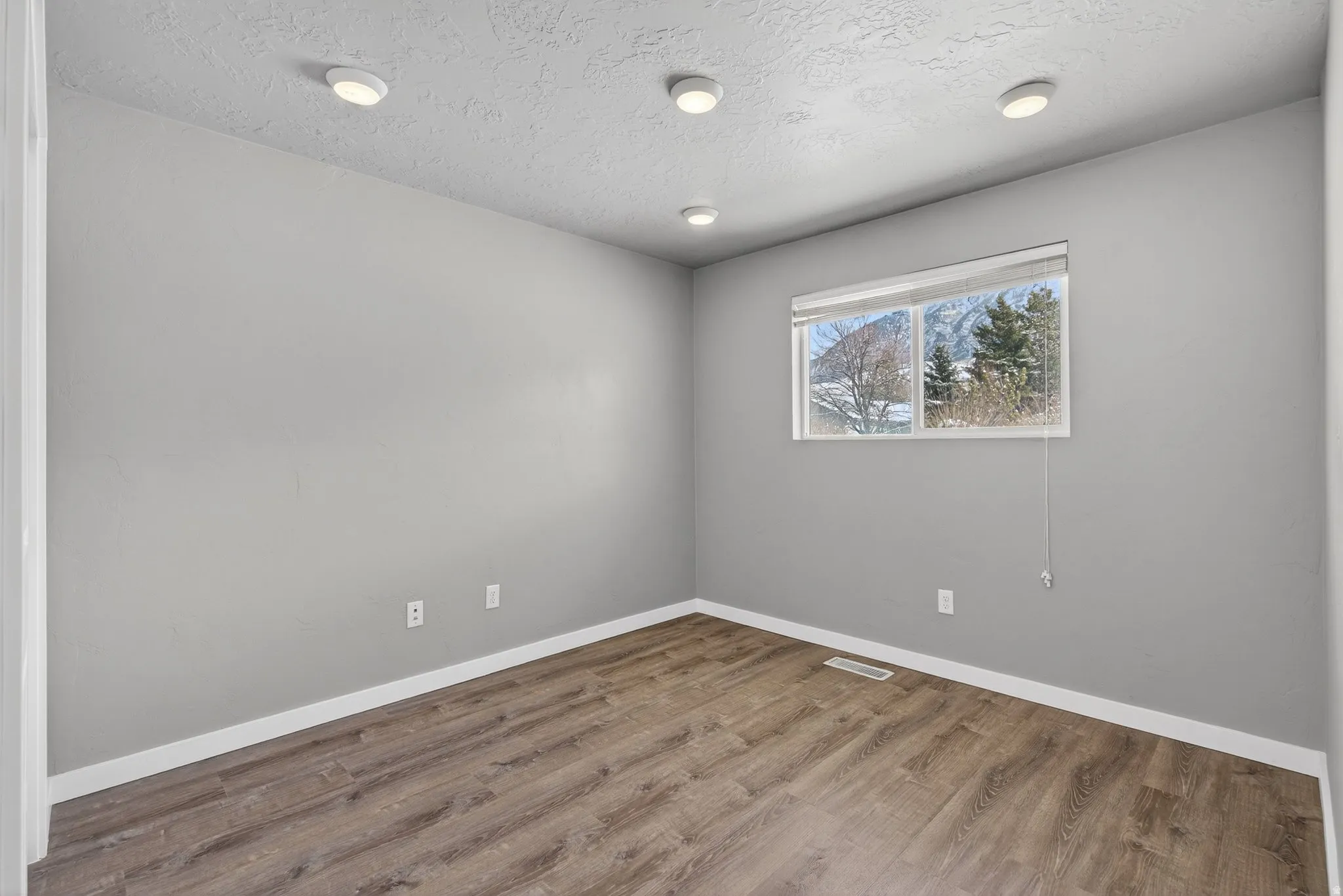 Unfurnished room featuring wood finished floors and a textured ceiling
