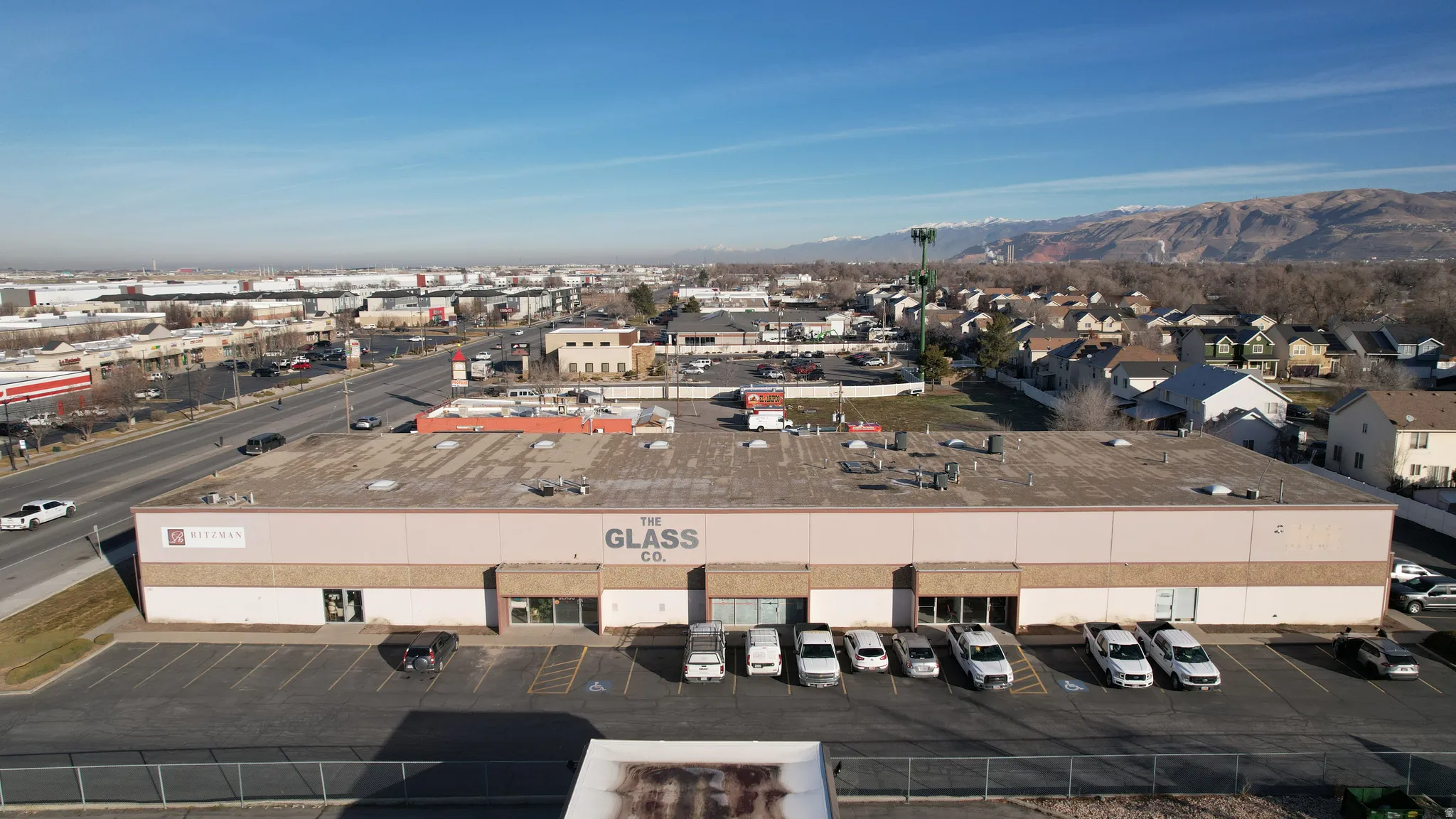 Aerial view of a commercial area