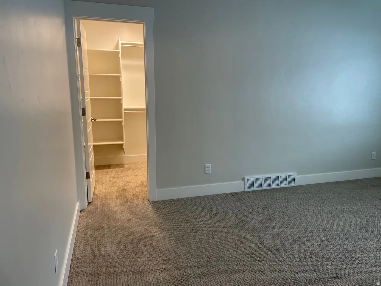 Unfurnished bedroom with a walk in closet and light carpet