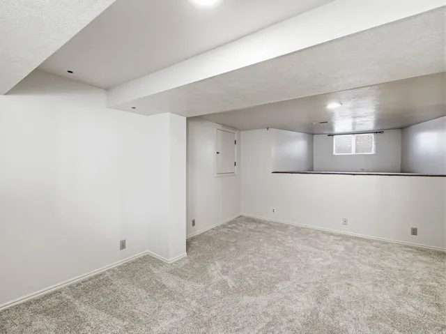 Basement featuring light colored carpet and recessed lighting