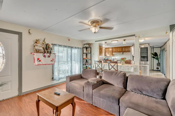 Living room with a ceiling fan and light wood finished floors