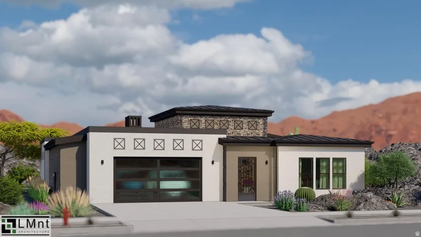 View of building exterior with a garage and concrete driveway