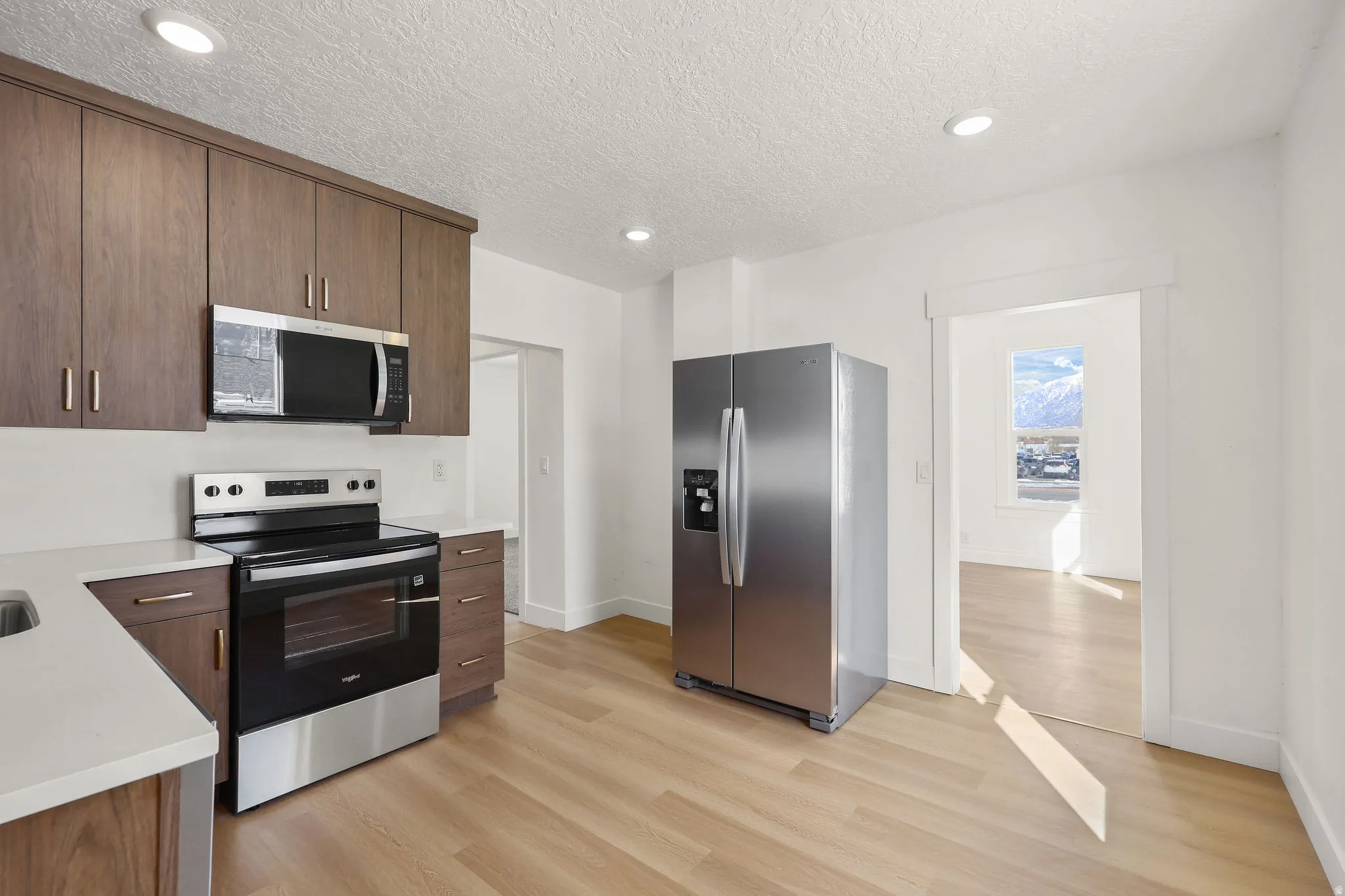 Kitchen with stainless steel appliances, light wood-style floors, a textured ceiling, recessed lighting, and dark wood finish cabinetry