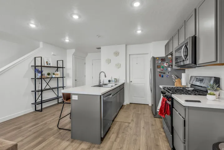 Kitchen featuring gray cabinetry, a peninsula, stainless steel appliances, and recessed lighting