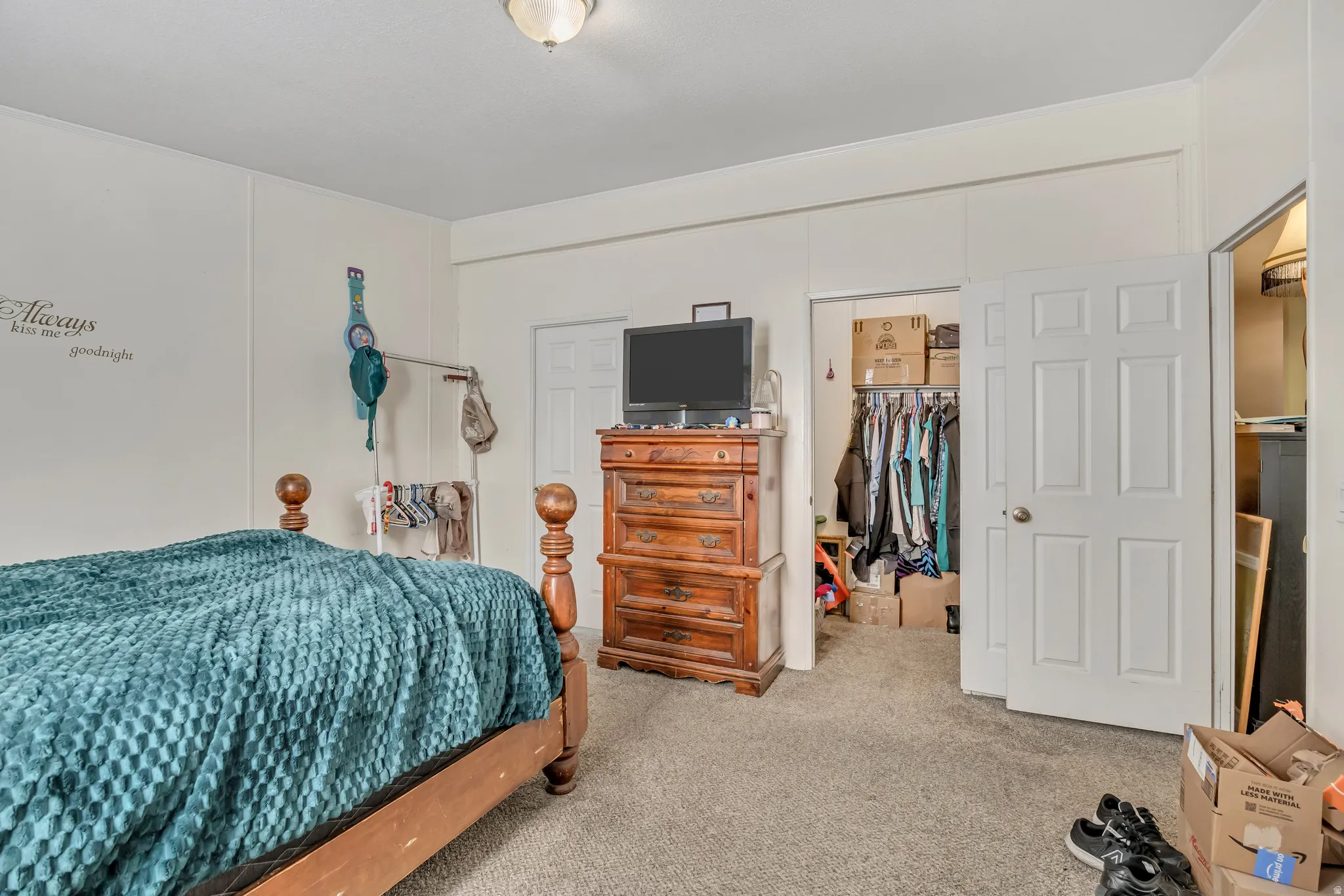 Bedroom featuring carpet and a walk in closet