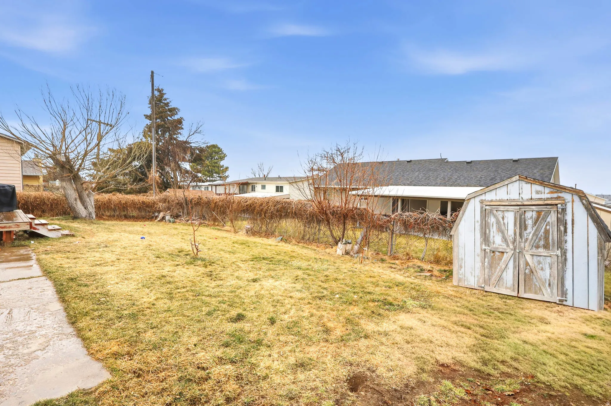 View of yard with a storage shed