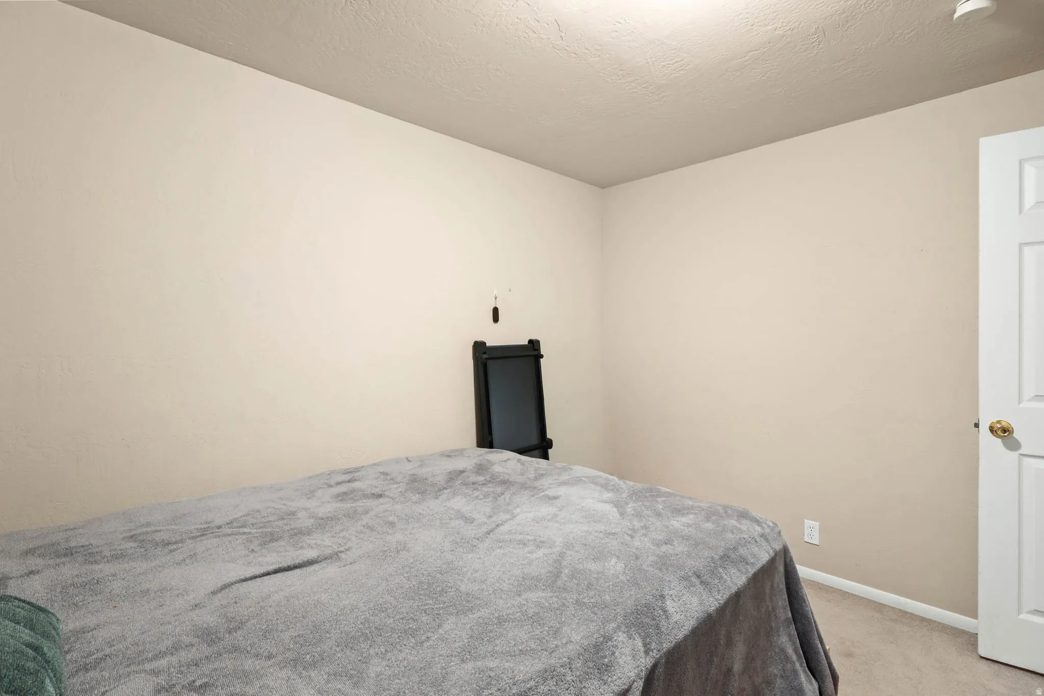 Bedroom with light colored carpet and a textured ceiling