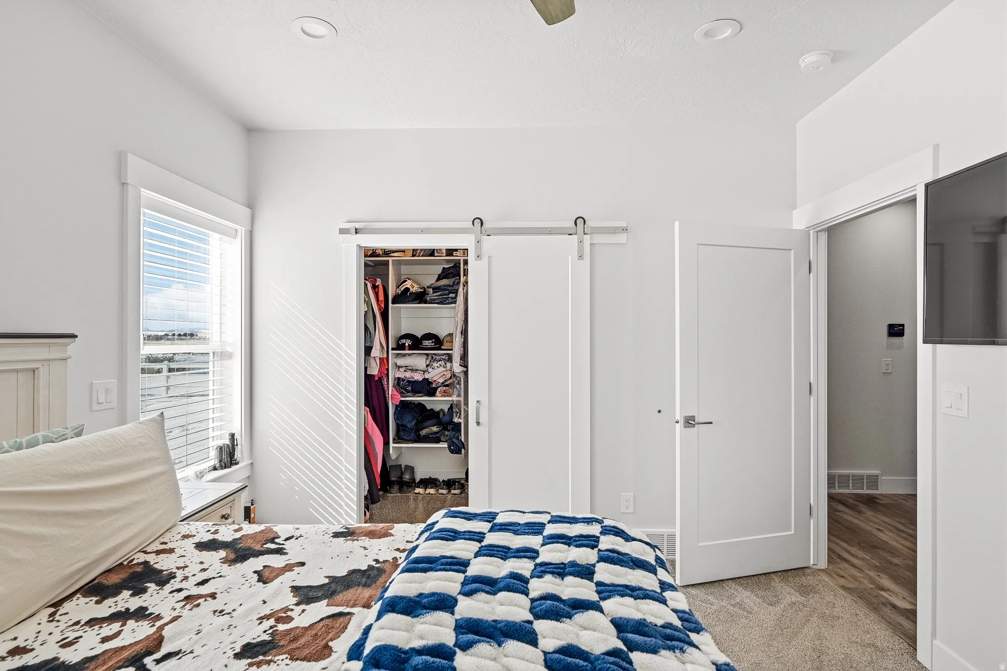 Bedroom with a barn door, ceiling fan, a walk in closet, and light carpet