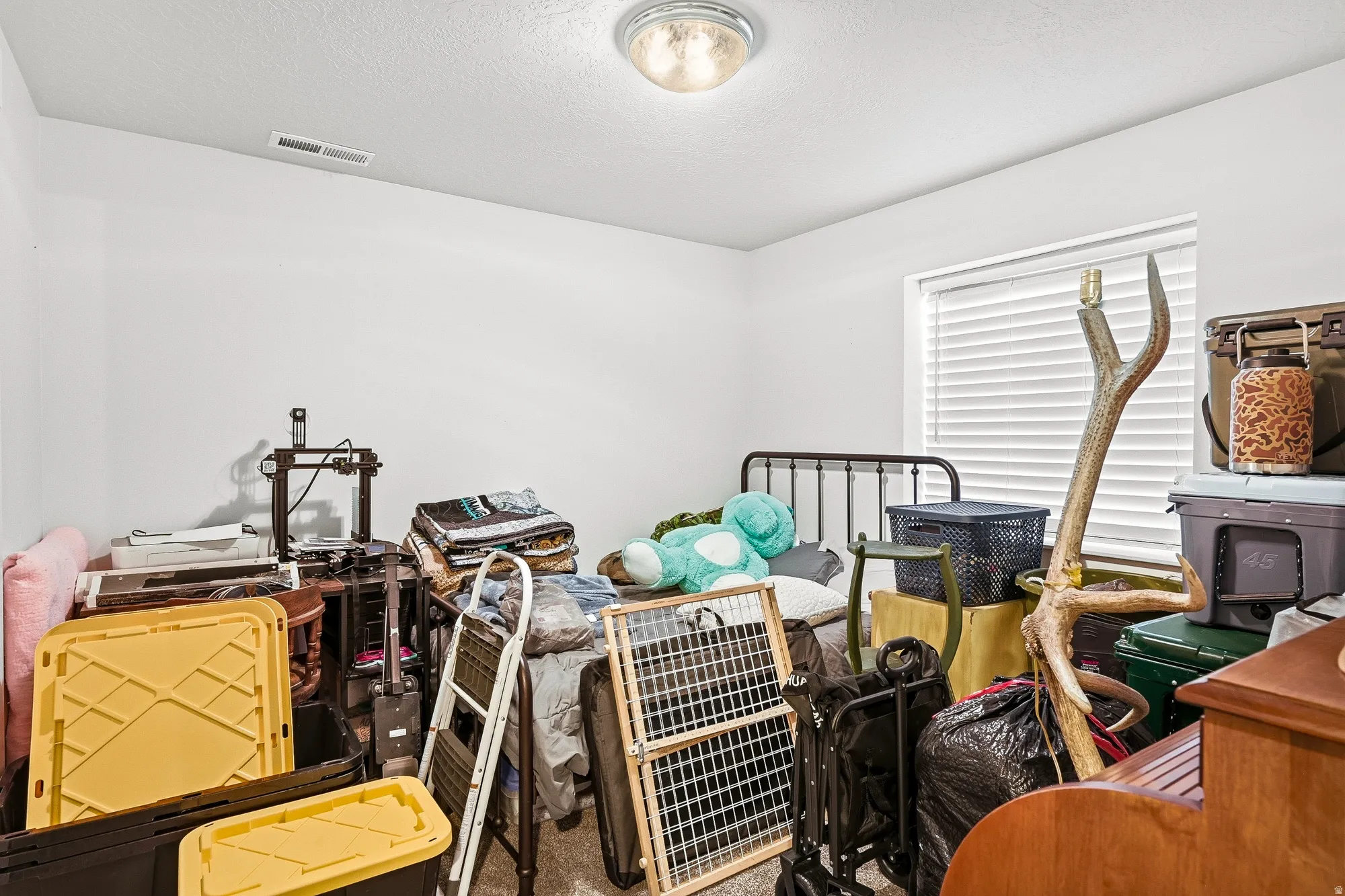 Misc room with carpet floors and a textured ceiling