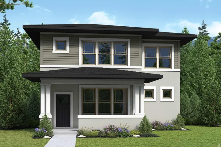 View of front facade featuring a front lawn, a porch, and stucco siding