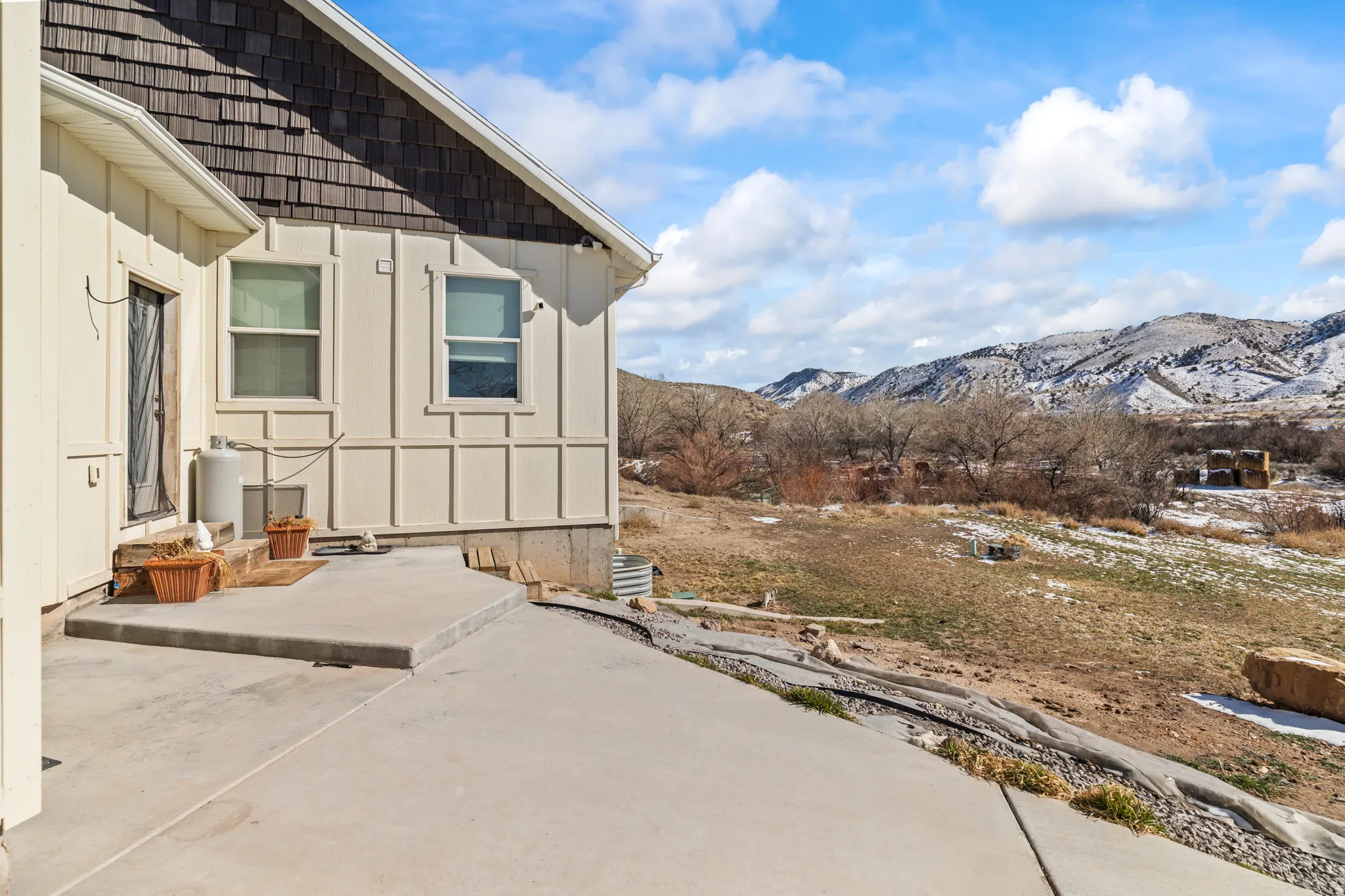 View of patio featuring a mountain view