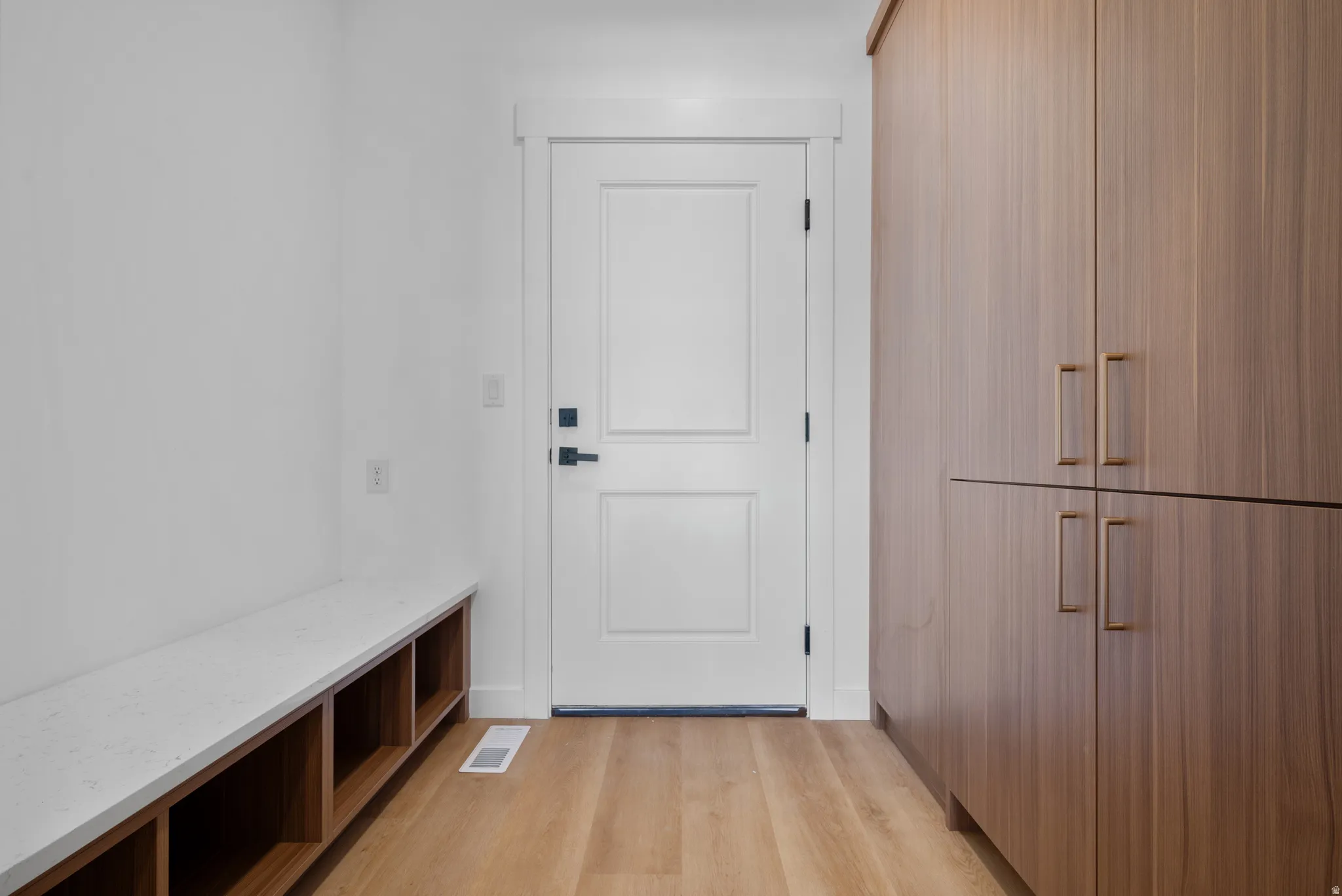 Entryway with wood-finish flooring, white walls, and a white paneled door
