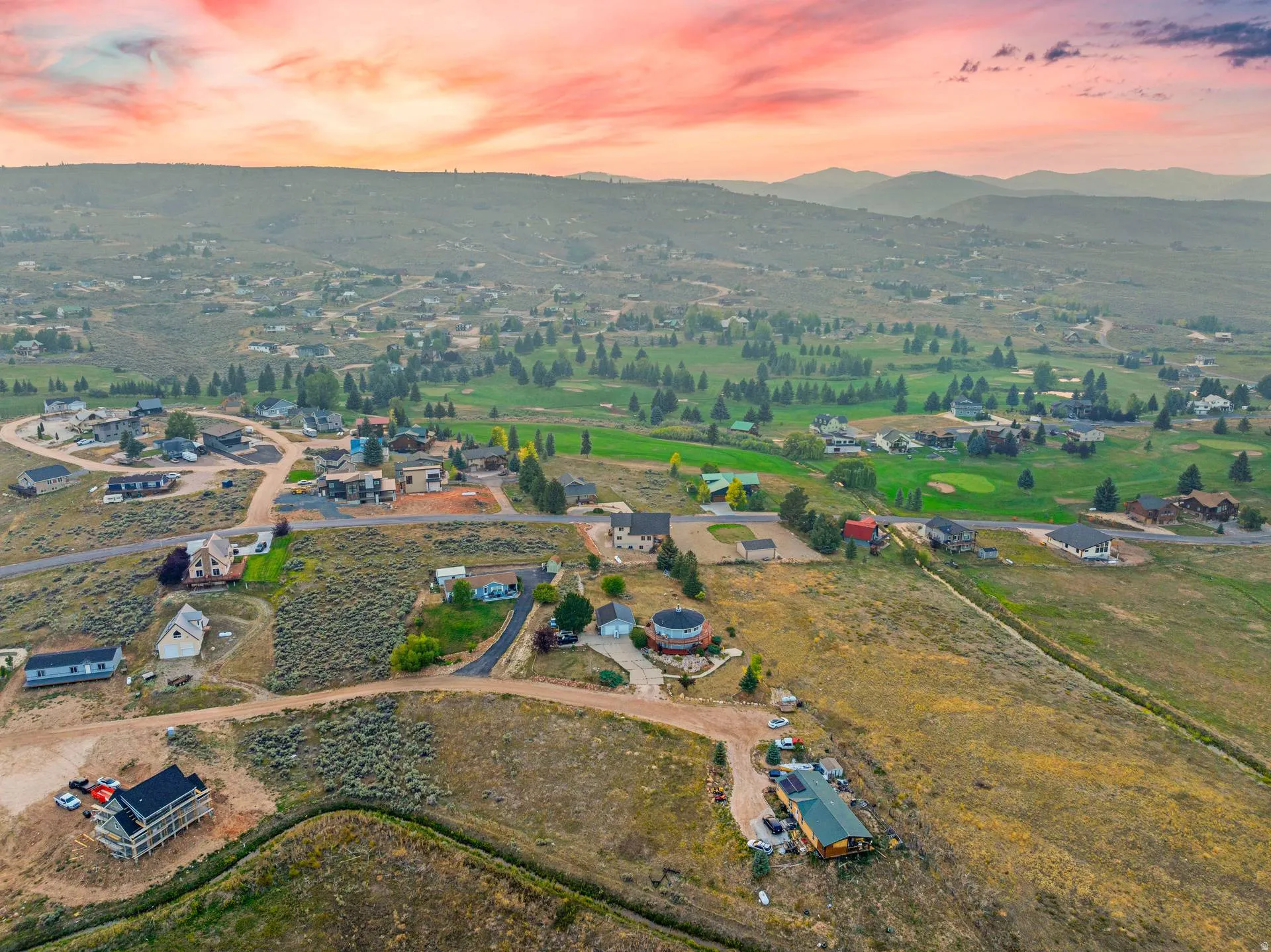 Aerial view at dusk of a mountain view