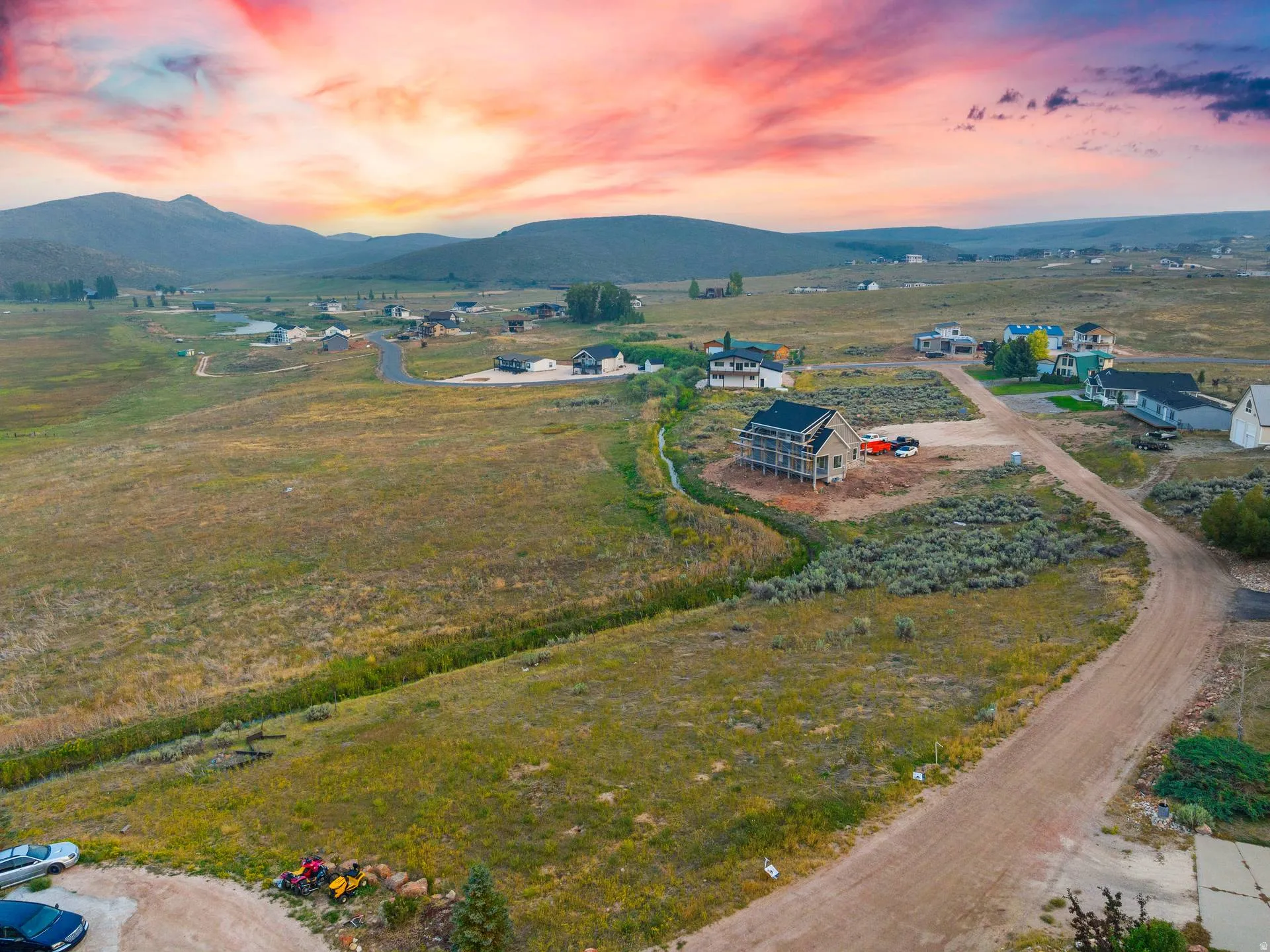 Overview of rural landscape featuring mountains