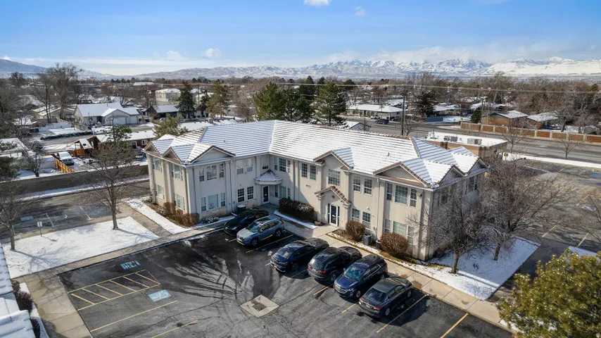 Aerial perspective of suburban area featuring a mountainous background