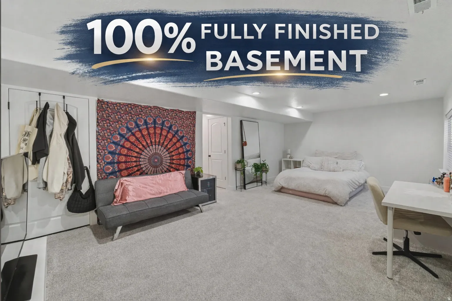 Carpeted bedroom with recessed lighting