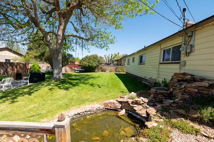 Expansive backyard featuring a large mature tree, a stone-lined pond, a paved patio area, an outdoor fireplace, and a manicured lawn