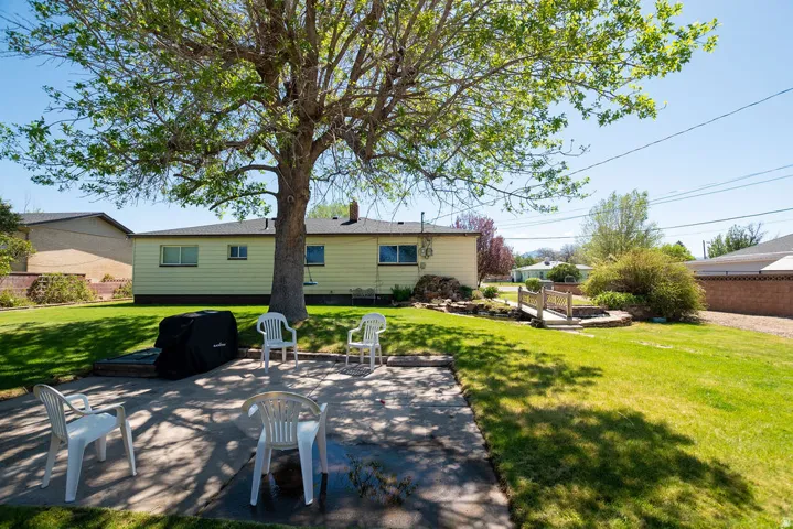 Expansive backyard featuring a concrete patio, mature trees, manicured lawn, and a decorative wooden bridge over a rock-lined water feature