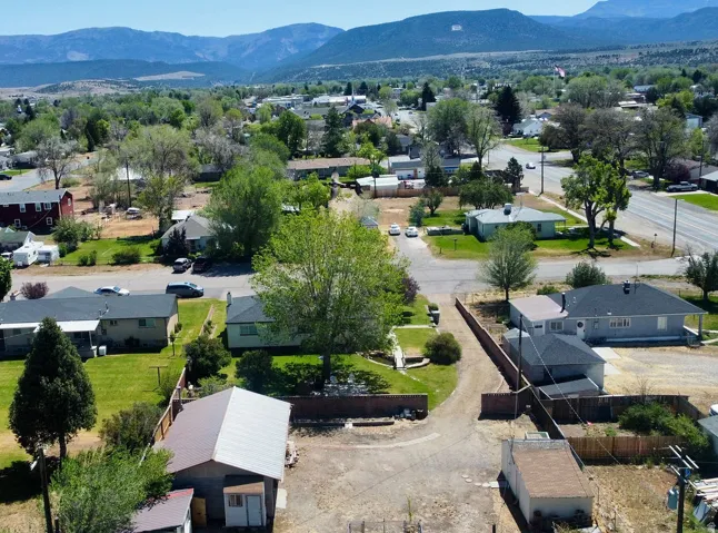 Aerial depiction of a residential area featuring multiple detached homes, mature trees, mountain backdrop, paved roads, and fenced property lines